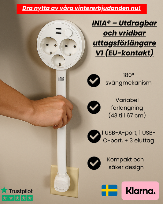 INIA® – Utdragbar och vridbar uttagsförlängare V1 (EU-kontakt)