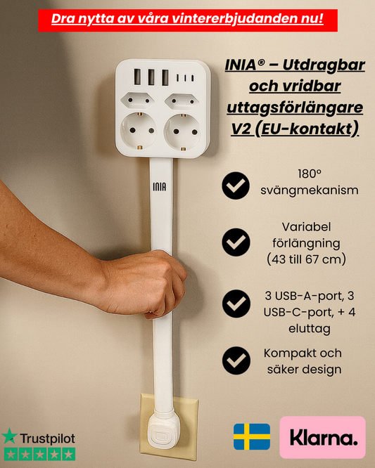 INIA® – Utdragbar och vridbar uttagsförlängare V2 (EU-kontakt)